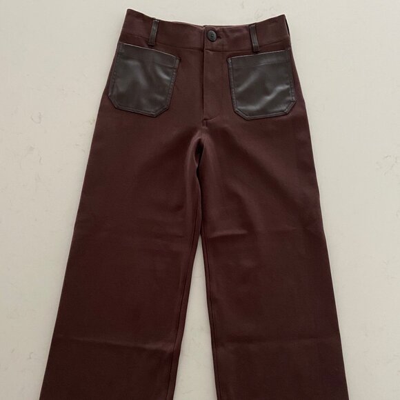 Maeve Pants - MAEVE The Colette Standard Cropped Wide-Leg Brown Pants With Faux-Leather Pocket